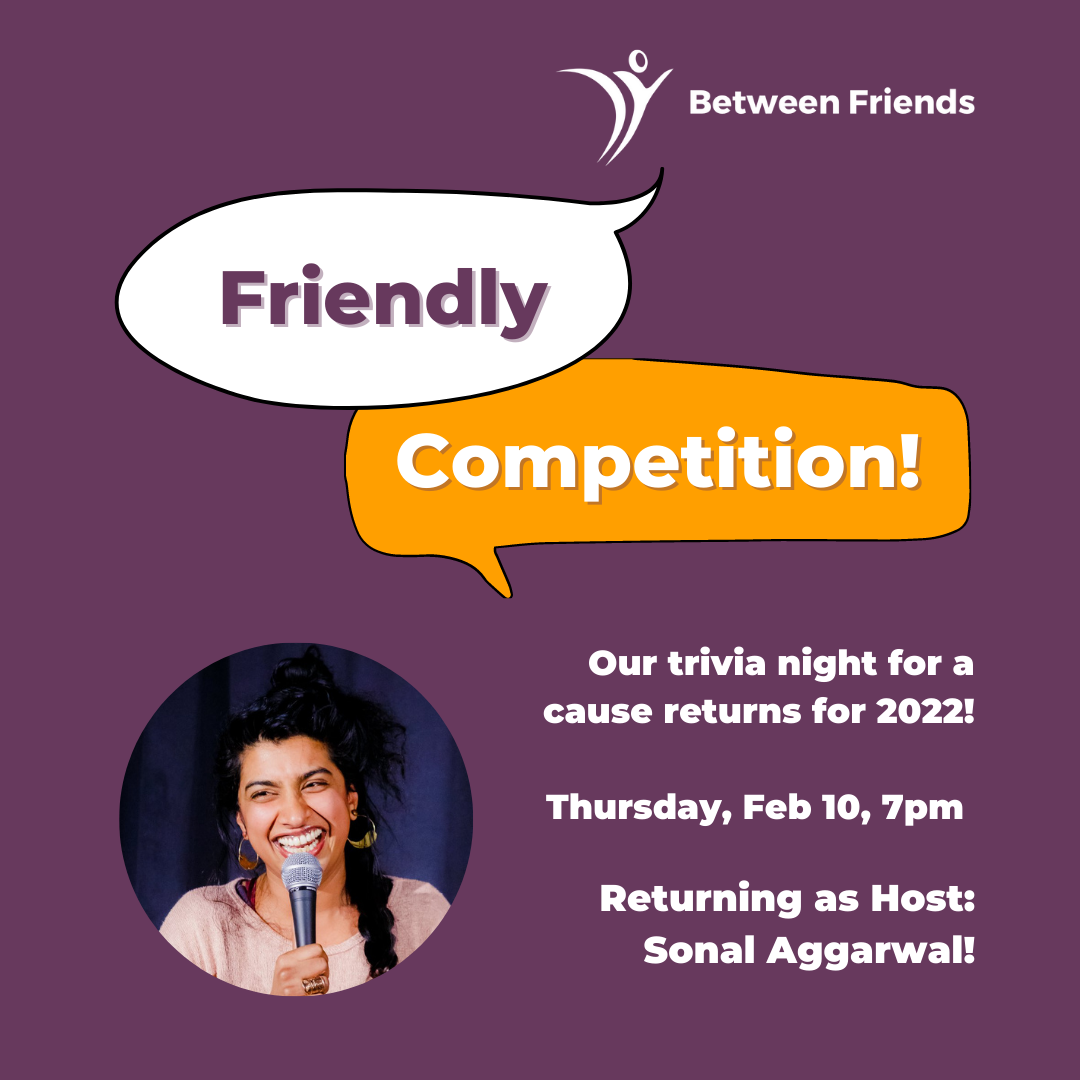 Graphic for the event: trivia night for a cause. Event is on 2/10/22 at 7pm. Sonal Aggarwal returns as host.